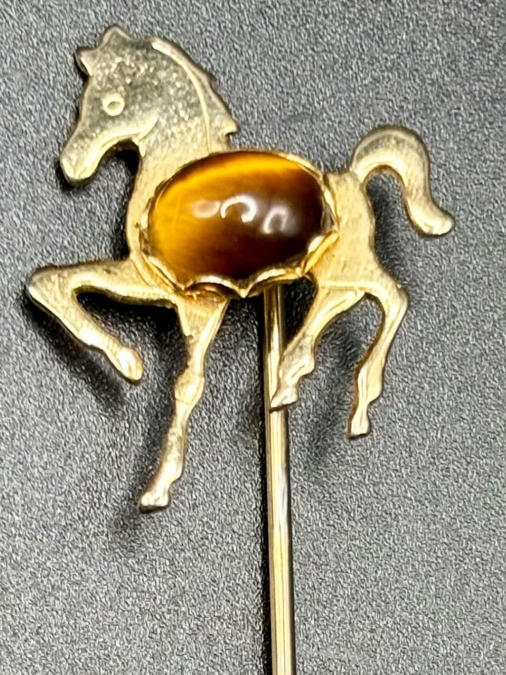 Vintage Tiger Eye Horse Stick Pin Gold Tone Equestrian Lapel Hat Pin 70s Brooch